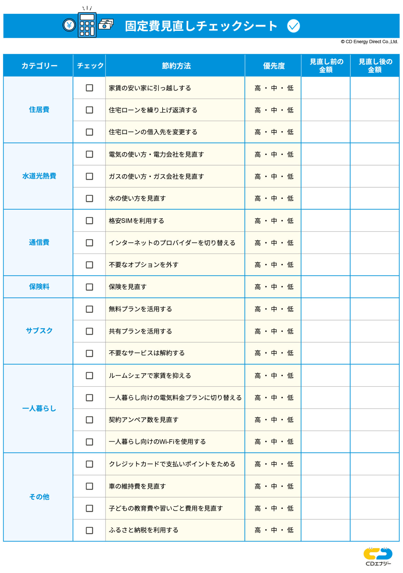 固定費見直しチェックシート